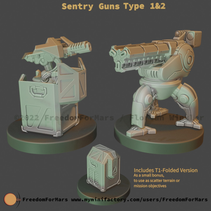 sentry gun double pack t1 & t2 freedomformars florian winkler Tabletop Characters Creatures Sci-Fi Universe Vehicles Machines modern rpg cannon scifi warfare boardgame tabletop cyberpunk security wargame turret auto automatic skirmish turrets defensive autocannon deployable 3D print model - Mito3D