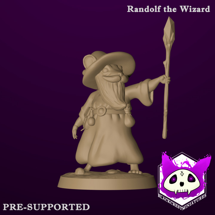 Randolph sorcier crête noire miniatures table personnages créatures fantaisie univers boutique donjons rpg miniature diorama soutiens souris ttrpg mouseling prise charge présupports blackcrestminiatures 3D print model - Mito3D