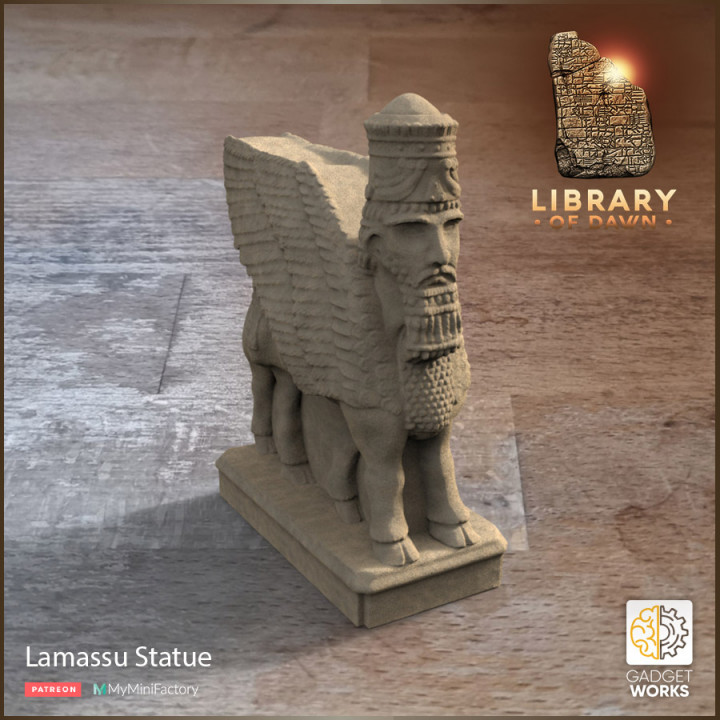 babylonian winged bull - lamassu gadgetworks Tabletop Characters & Creatures Fantasy Universe 3D Printable Terrain ancient statue stone babylon sumerian gilgamesh ttrpg tabletop&gt 3dprintableterrain&gt fantasyterrain 3D print model - Mito3D