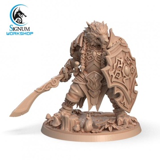 baitane storm roar signum workshop dungeons fantasy miniatures shield sword warrior tabletop wolfen beastman tribe ttrpg presupported 3d print model - Mito3D