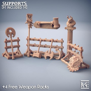 weapons loot & racks order labyrinth artisan guild Store Tabletop 3D Printable Terrain Fantasy axe dragons dungeons fantasy mini rpg shield miniature hammer tabletop supports wargame dnd sling ttrpg presupported supported 3d print model - Mito3D