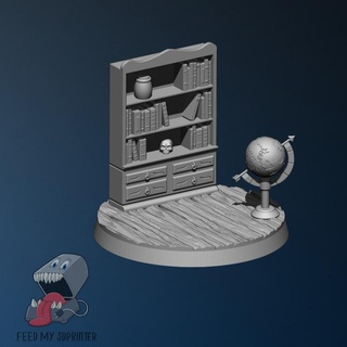 50 mm wizard's library base feed 3dprinter Tabletop accessories 3D Printable Terrain Fantasy wizard globe books arcane tome 3d print model - Mito3D