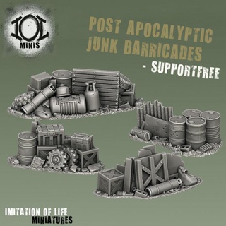 post apocalyptic junk barricades supportfree imitation life miniatures Tabletop 3D Printable Terrain Sci-Fi terrain free 40k cover necromunda supportless fallout apocalypse barrels scatter stargrave crates thisisnotatest wasteland killteam tinat canisters 3d print model - Mito3D