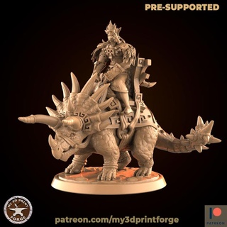 tribù troll capo dinosauro my3dprintforge tavolo personaggi creature fantasia universo stl giocattolo resina warcraft triceratopo cavaliere attacco dnd 32mm pre supported zandalari corno furioso 3d print model - Mito3D