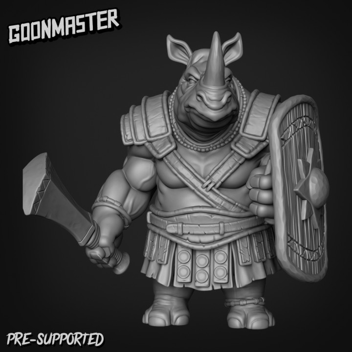 rinoceronte guerriero 1h club 3 avanti maestro tavolo personaggi creature fantasia universo animale grande deserto combattente gigante romano soldato wargaming warhammer ragazzo miniatura enorme legione orda dnd folk 3D print model - Mito3D