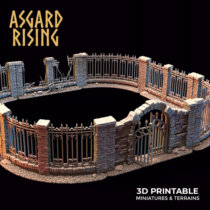 forgé fer clôture porte ver 1 terrain pre supported Asgard hausse miniatures 3d imprimable stl fantaisie loisir rpg mur miniature résine cimetière dnd barrière barricade jeux table nécropole haie boneyard rpggames dur asgardrais fantasmes 3D print model - Mito3D