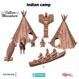 camp originaire américain 28mm eskice miniature table personnages créatures historique univers 3D imprimable terrain boutique figurine Indien jeu guerre cow boy canoë indien tipi campement amincissant indiens 3d print model - Mito3D