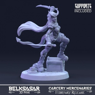 dahlia stinger tiefling belksasar 3dprint Tabletop Characters & Creatures Fantasy Universe beautiful board boots detailed fantasy female girl mask realistic treasure woman horns boardgames tail dnd leather daggers cloak 32mm straps 3d print model - Mito3D