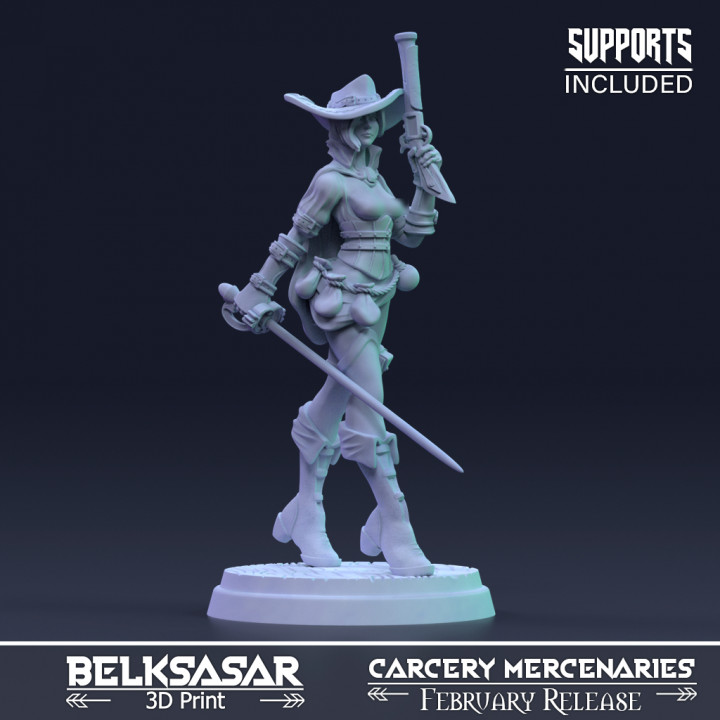 elena duelist variant 2 belksasar 3dprint Tabletop Characters & Creatures Fantasy Universe hat beautiful board boots detailed fantasy female girl miniatures pistol realistic woman saber corset boardgames dnd 32mm bombs ropes 3D print model - Mito3D