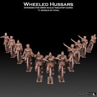wheeled hussars sharedog miniatures Tabletop Characters & Creatures Fantasy Universe Store bicycle knight victorian warhammer world steampunk wheel infantry cavalry forge lancer musketeer mechanicum nuln mechanized uhlan farthing 3d print model - Mito3D
