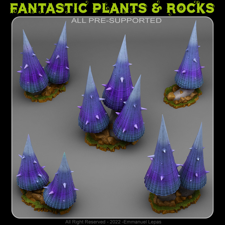 perigoso roxa cogumelos fantástico plantas pedras loja tampo mesa 3D imprimível terreno fantasia emmanuel tribo Solte apoiado 3D print model - Mito3D