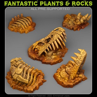 fossilized t-rex fantastic plants rocks Tabletop 3D Printable Terrain Fantasy terrain emmanuel tribe & lepas supported 3d print model - Mito3D