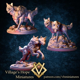chien l'enfer twinhead Loup village espérer miniatures table personnages créatures fantaisie univers enfer monstre miniature minis dnd ttrpg trpg 3d print model - Mito3D