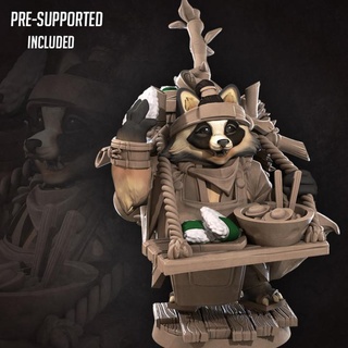 tanuki ramen stand owner bite bullet Tabletop Characters & Creatures Fantasy Universe bamboo food japan japanese backpack miniature rice asia boardgame tabletop patreon oriental dnd racoon chef onigiri 3d print model - Mito3D