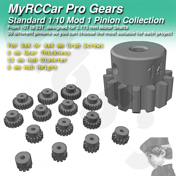 rc car mod 1 standard motor pinion collection 3175mm shafts m3 m4 grub screws dlb five RC Cars crown gears teeth shaft gear engranaje myrccar myrcbike involute mod1 3D print model - Mito3D