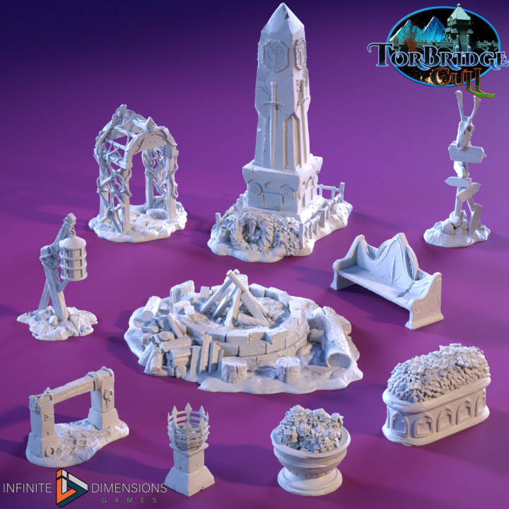 town scatter terrain infinite dimensions games Tabletop 3D Printable Terrain Fantasy fantasy lantern medieval fire horse monument sign planter bench post planters hitch benches firepit signpost arbor arbour 3D print model - Mito3D