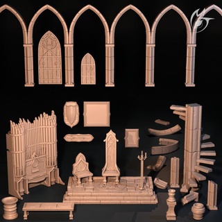 trono camera oggetti scena fabbricazione tlon tavolo 3D stampabile terreno fantasia colonna porta Gotico spada vampiro vaso prigione scenario arco organo rovinare scala 3d print model - Mito3D