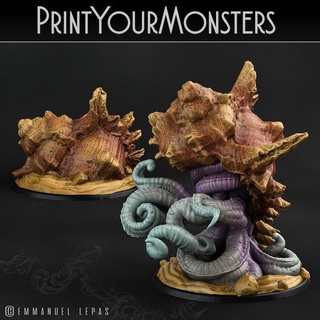 whipsting octopus + spiral crown shell printyourmonsters Tabletop Characters & Creatures Fantasy Universe Store print monster resin monsters base patreon b emmanuel tribe lepas supported 3d print model - Mito3D