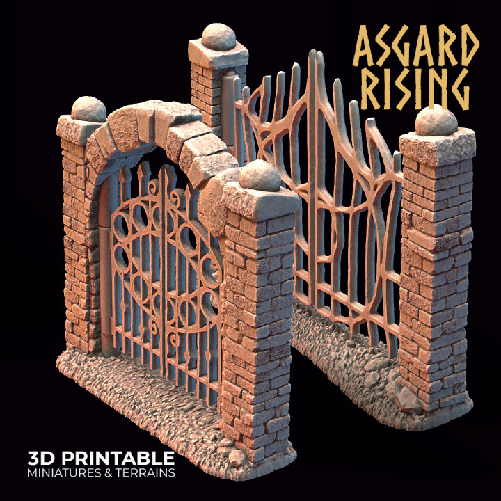 çit kapılar arazi pre supported Asgard yükselen minyatürler 3d yazdırılabilir stl fantezi hobi rpg taş duvar minyatür reçine Demir kapı dnd masaüstü oyunları rpggames dövme asgardizasyon 3D print model - Mito3D