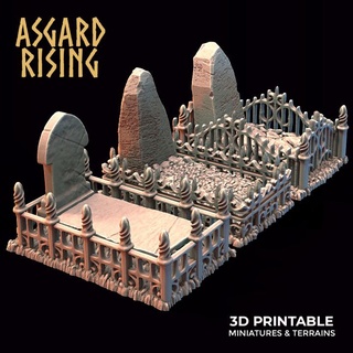 cemetery graves fence terrain pre-supported asgard rising miniatures 3d printable stl fantasy hobby rpg tomb miniature grave resin graveyard dnd tabletopgames rpggames asgardrising fantasygames 3d print model - Mito3D