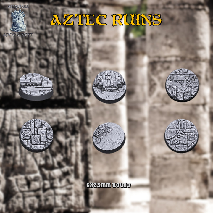 azteco rovine base impostato 6x25mm pre supported ammiraglio apocalisse tavolo Accessori 3D stampabile terreno fantasia maya miniature Tesoro giochi guerra coccodrillo giungla croc pirati dnd basi uomo lucertola monstera aos scinchi serafone sauri 3D print model - Mito3D