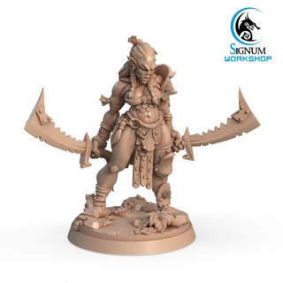 aggrog battle frenzy signum workshop dungeons fantasy miniatures orc sword warrior woman dual tabletop tribe ttrpg presupported wield 3d print model - Mito3D