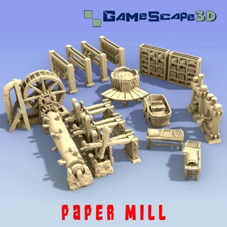 papel molino gamescape3d Tienda mesa 3D imprimible terreno fantasía libro rueda agua fábrica martillos grabado planta celulosa 3d print model - Mito3D