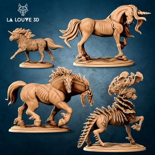 fantaisy horses + 3 monster sheets la louve 3d Tabletop Characters & Creatures Fantasy Universe creature rpg unicorn horse pony dnd 32mm tabletopgame nigthmare 3d print model - Mito3D