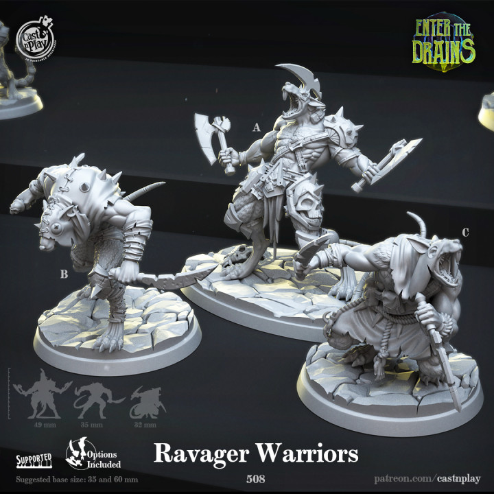 ravageur guerriers pre supported jeter jouer table personnages créatures fantaisie univers boutique Hommes rat armes dnd skaven 5e peau ratfolk hommes rats drains 3D print model - Mito3D