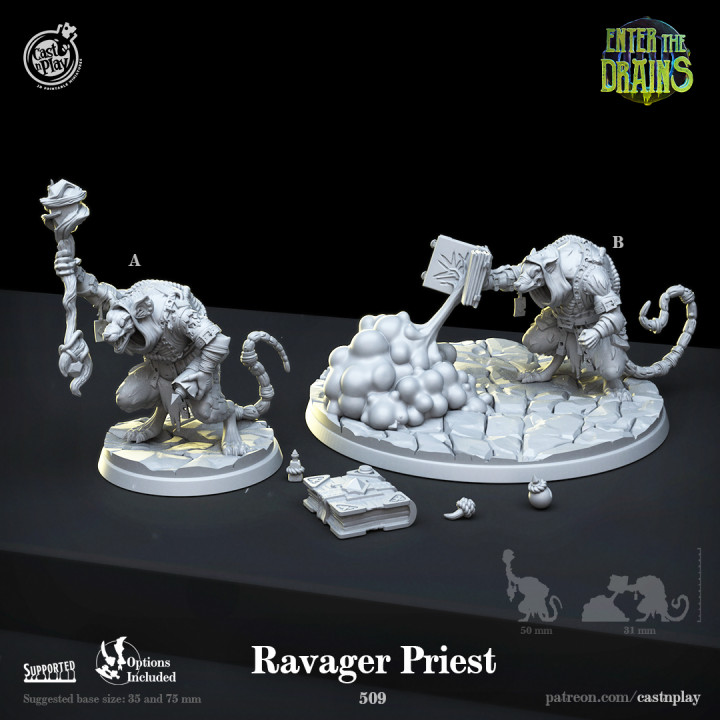 ravageur prêtre pre supported jeter jouer table personnages créatures fantaisie univers boutique rat sorcier rats peau présupporté hommes 3D print model - Mito3D