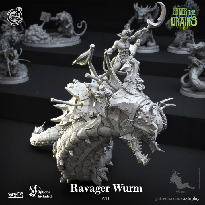 devastador wurm pre supported emitir jugar mesa caracteres criaturas fantasía universo Tienda montar rata gusano jinete hombres soportado desagües 3D print model - Mito3D