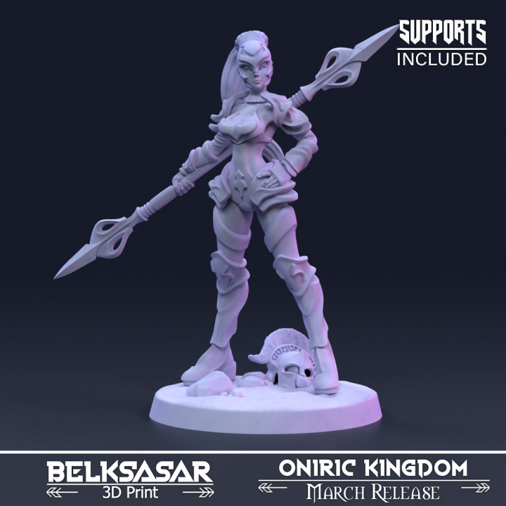 warrior enforcer dreams belksasar 3dprint Tabletop Characters & Creatures Fantasy Universe armor beautiful board boots detailed fantasy female girl helmet knight mask realistic spear war weapon woman boardgames dnd 32mm shoulderpad 3D print model - Mito3D