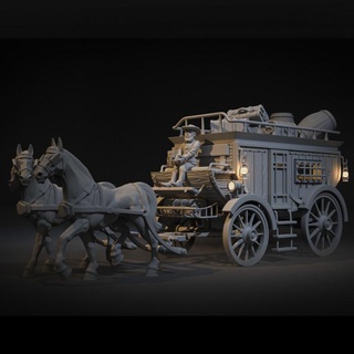 high noon carriage tainted saint miniatures Tabletop Characters & Creatures Fantasy Universe Vehicles Machines gun miniature luggage tabletop wagon cowboy horses western 3d print model - Mito3D