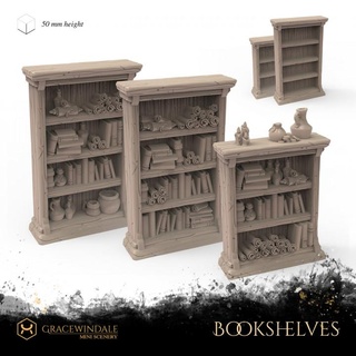 bookshelves gracewindale mini scenery Tabletop 3D Printable Terrain Fantasy book prop terrain books props miniature bookshelf tabletop diorama library d&d 28mm dnd bookcase 32mm 3d print model - Mito3D