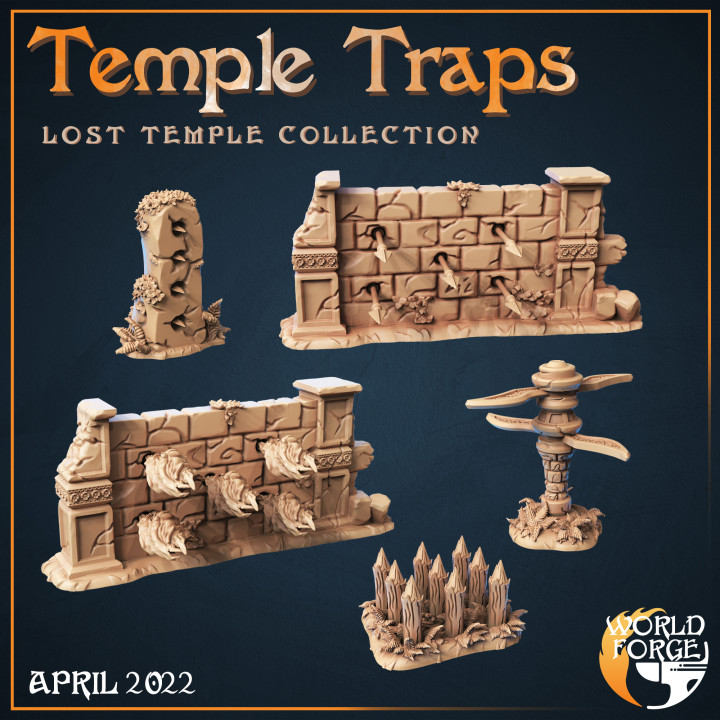 verloren Tempel Fallen x5 Welt Schmiede Miniaturen Tischplatte 3D druckbar Terrain Fantasie Pfeil Speer Spitze Feuer Verlies Dschungel Landschaft 3D print model - Mito3D