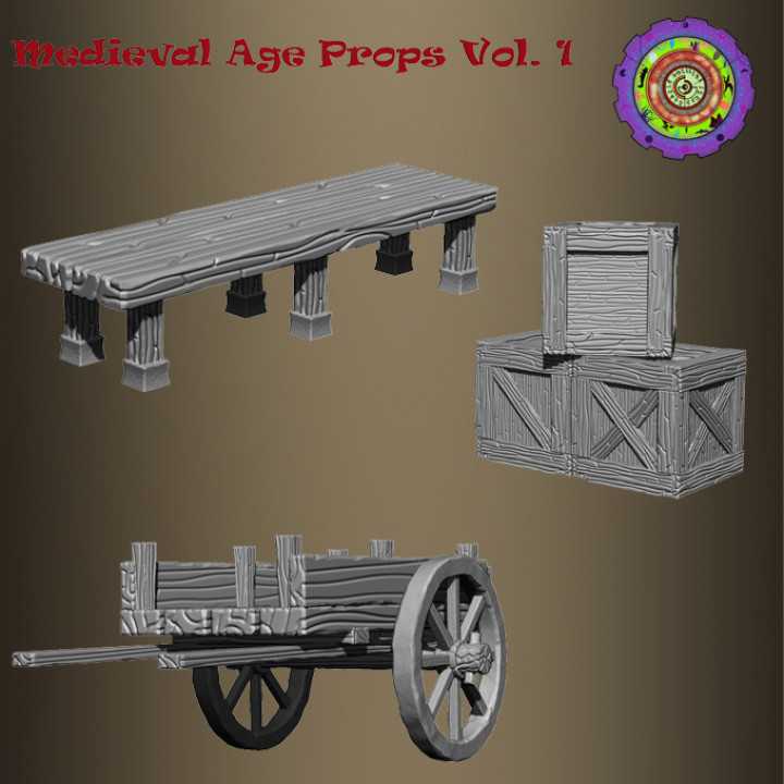 medieval props vol1 c2dwellers Tabletop 3D Printable Terrain Fantasy prop table tabletop cart dnd crate woodencrate 3D print model - Mito3D