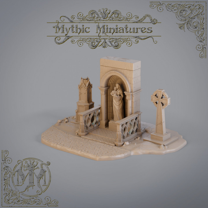 santuario madre mítico miniaturas mesa 3D imprimible terreno fantasía estatua Roca tumba cementerio dnd paisaje dispersión oración 3D print model - Mito3D