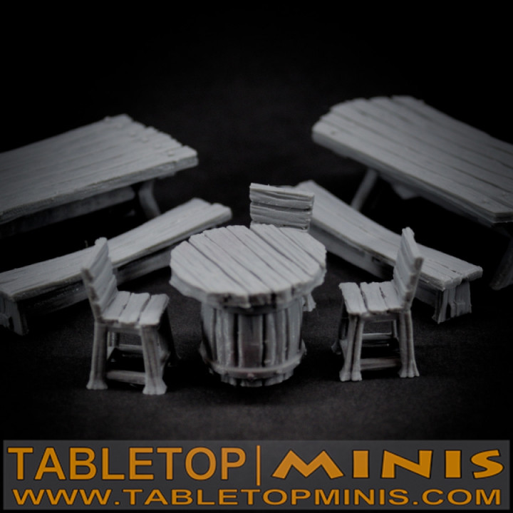 taberna mesas mesaminis mesa 3D imprimible terreno fantasía silla apuntalar banco barril madera dnd Posada escenario 3D print model - Mito3D