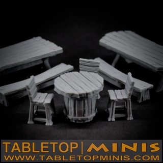 Taverne Tabellen Tischminis Tischplatte 3D druckbar Terrain Fantasie Stuhl Stütze Tabelle Bank Fass hölzern dnd Gasthaus Szenerie 3d print model - Mito3D