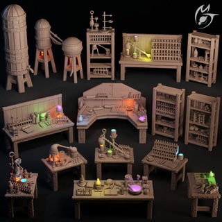 alchemist laboratory objects props making tlon Tabletop 3D Printable Terrain Fantasy lab terrain wizard dungeon components scenery alchemy crypt vial 3d print model - Mito3D