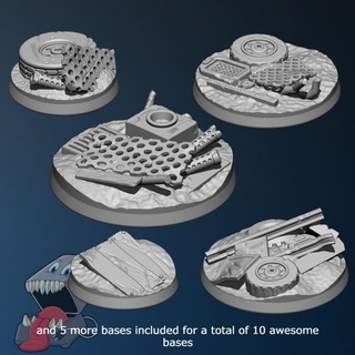 10 round junkyard bases feed 3dprinter Tabletop 3D Printable Terrain Sci-Fi terrain boss orc ork base trash waste junk wasteland tyres warboss mek mekboy 3d print model - Mito3D