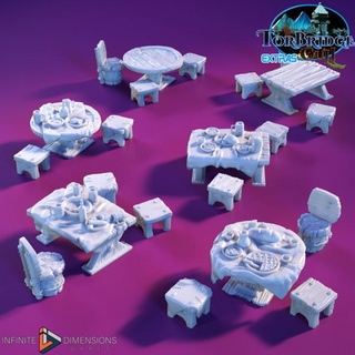 cantina furniture infinite dimensions games Tabletop 3D Printable Terrain Fantasy beer chair fantasy food medieval square table terrain patio market scatter chairs feast tables 3d print model - Mito3D
