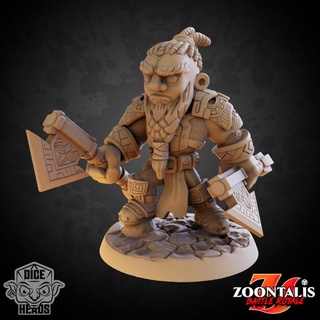 dwarf axe thrower pre-supported included dice heads Tabletop Characters & Creatures Fantasy Universe d&d dnd presupported axethrower 3d print model - Mito3D