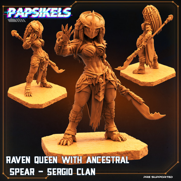 Raven rainha crânio caçador ancestral lança Sergio clã papsikels miniaturas loja 3D print model - Mito3D