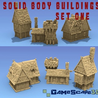 sólido corpo edifícios conjunto 1 gamescape3d casa Vila Cidade casas 6mm 10mm 15mm escalável 3d print model - Mito3D