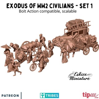 exode serie 1 ww2 civilians set - 28mm eskice miniature aron action bolt figurine diorama wargame scenery 15mm civilian exodus 72 civils 3d print model - Mito3D