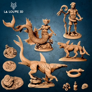 mer créatures louve 3d table table personnages créatures fantaisie univers table table personnages créatures plage bouteille miniatures monstre rpg mer requin corail minis dnd 32mm druide monstre requin jdr nautile 3d print model - Mito3D
