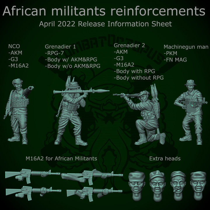 Patreon paketlemek 10 Nisan 2022 Afrikalı militanlar takviyeler savaş ahtapot minyatürler masaüstü karakterler yaratıklar tarihi Evren modern oyunu 3D print model - Mito3D