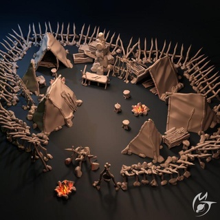 goblin village - scatter terrain making tlon Tabletop 3D Printable Terrain Fantasy fence object table weapon fire rack weapons chest cave tent fireplace scenery crate totem tribe tents 3d print model - Mito3D