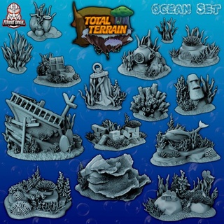total terrain ocean set miniforge Tabletop 3D Printable Terrain Fantasy dragons dungeons fish miniatures sea treasure water anchor coral vases chest campaign seaweed dnd dolphins shipwreck 3d print model - Mito3D
